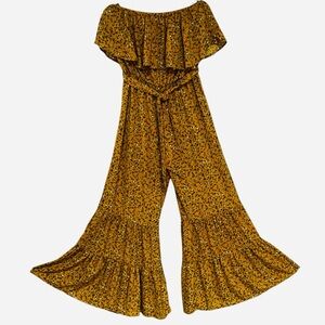 Umgee Mustard Yellow Off Shoulder Ruffled Floral Jumpsuit Like New Size Small